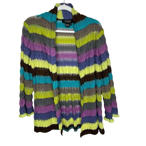 Peck & Peck Striped Crochet Knit Cardigan  Rainbow Size10 Open Front Boho Artsy - Picture 1 of 12